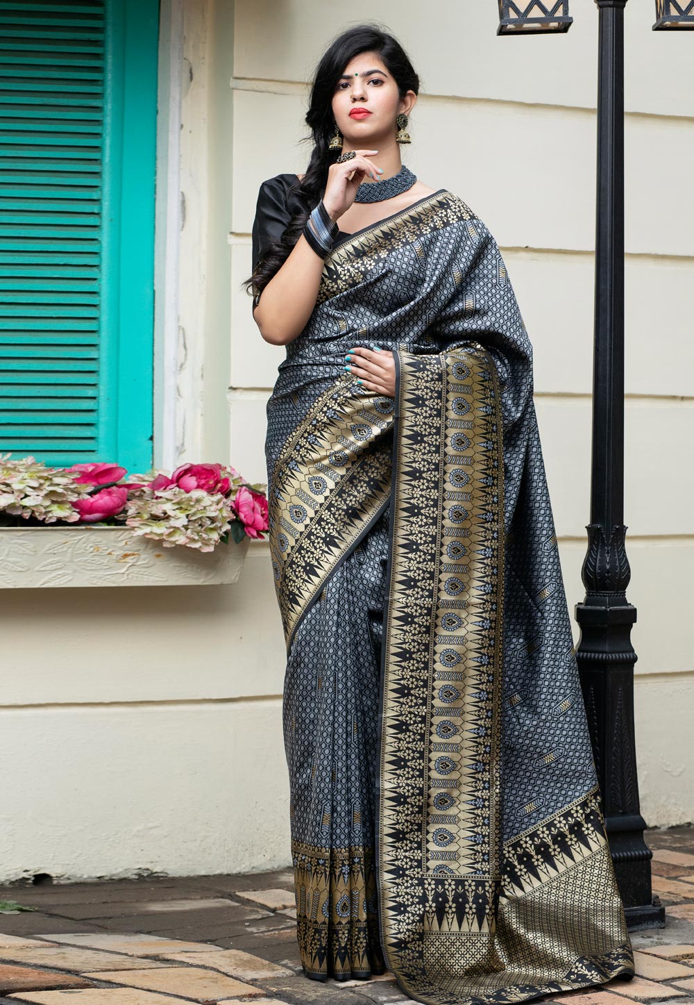 Grey Banarasi Silk Saree With Blouse 216682