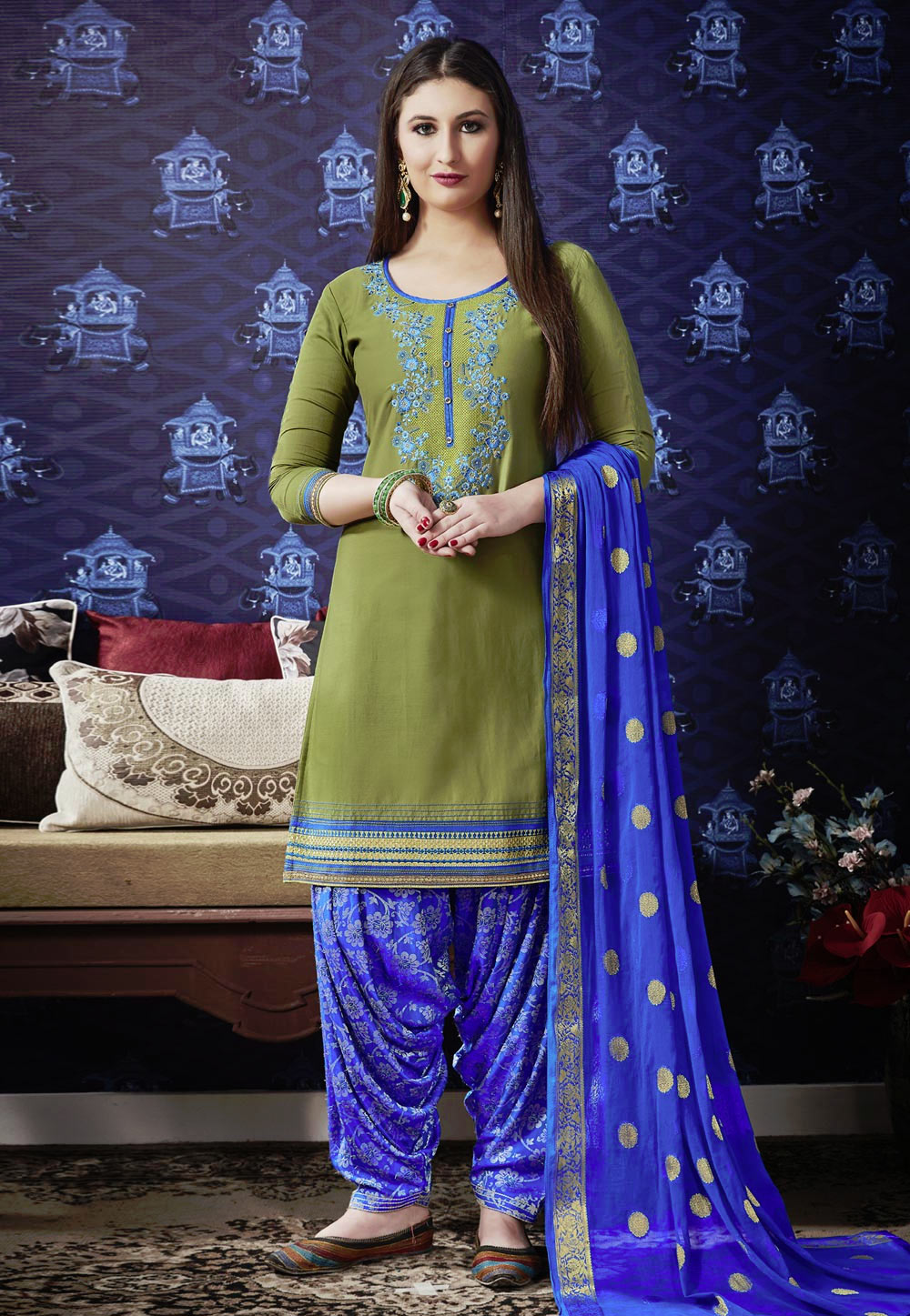 Olive Green Silk Patiala Suit 155294