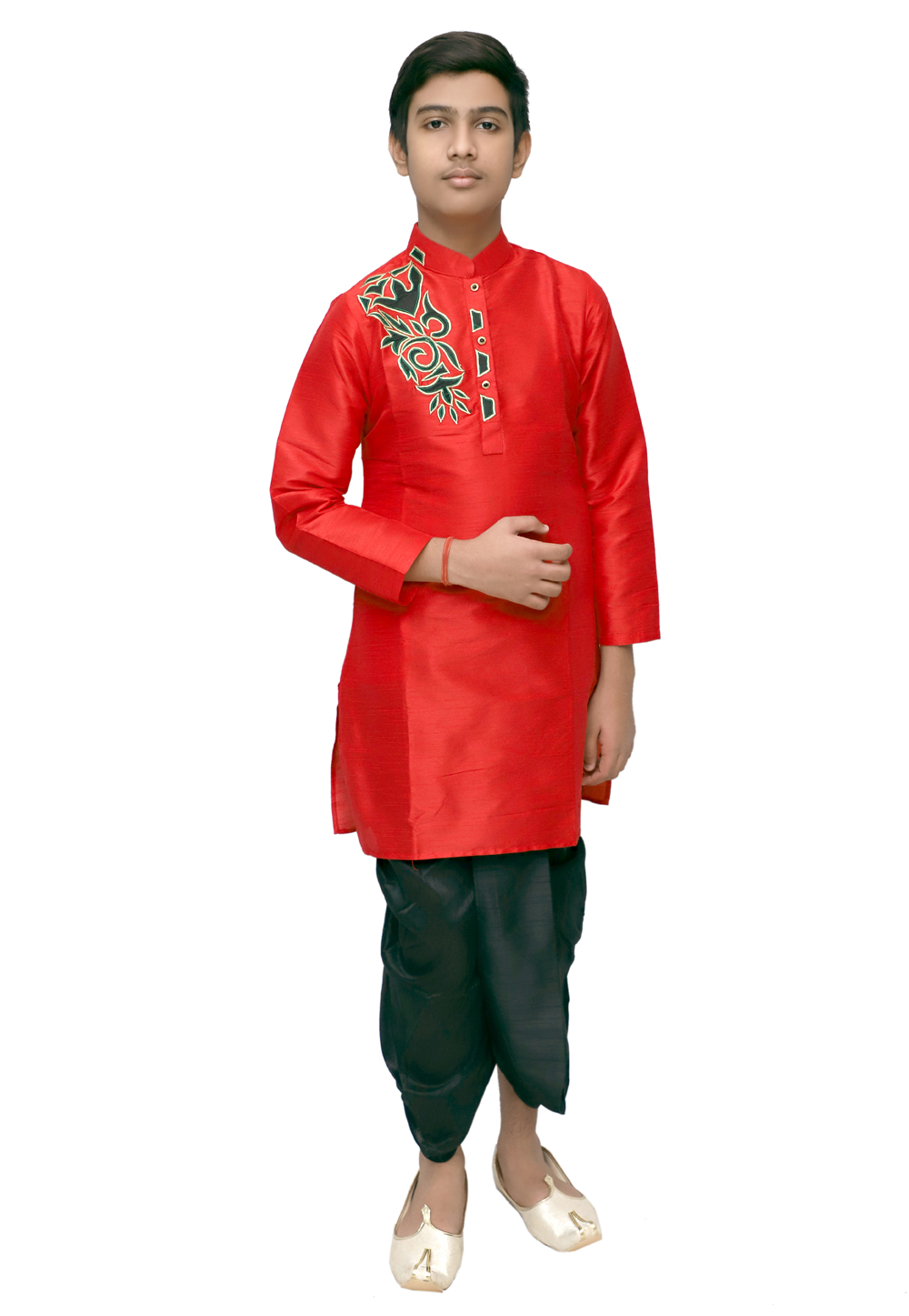 Red Dupion Silk Readymade Kids Dhoti Kurta 211357