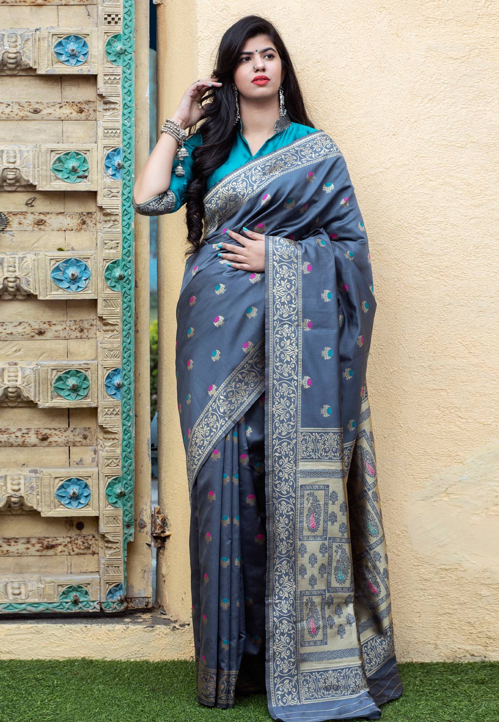 Grey Banarasi Silk Festival Wear Saree 216773