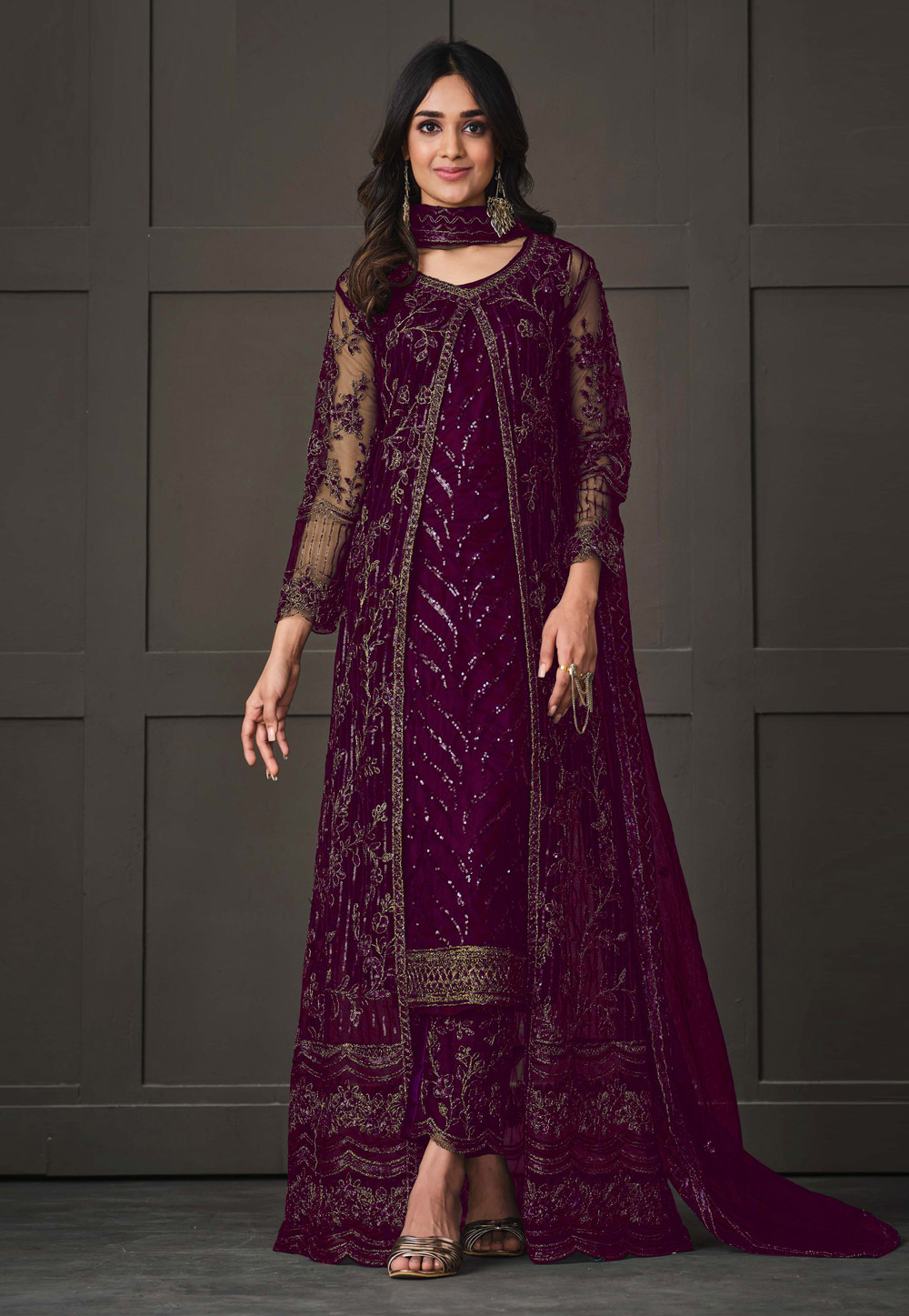Purple Net Embroidered Pant Style Suit 266840
