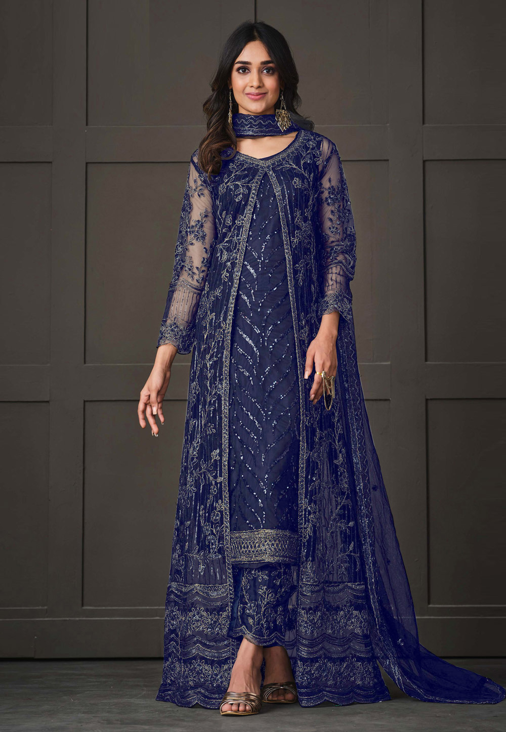 Navy Blue Net Net Embroidered Pant Style Suit 266841