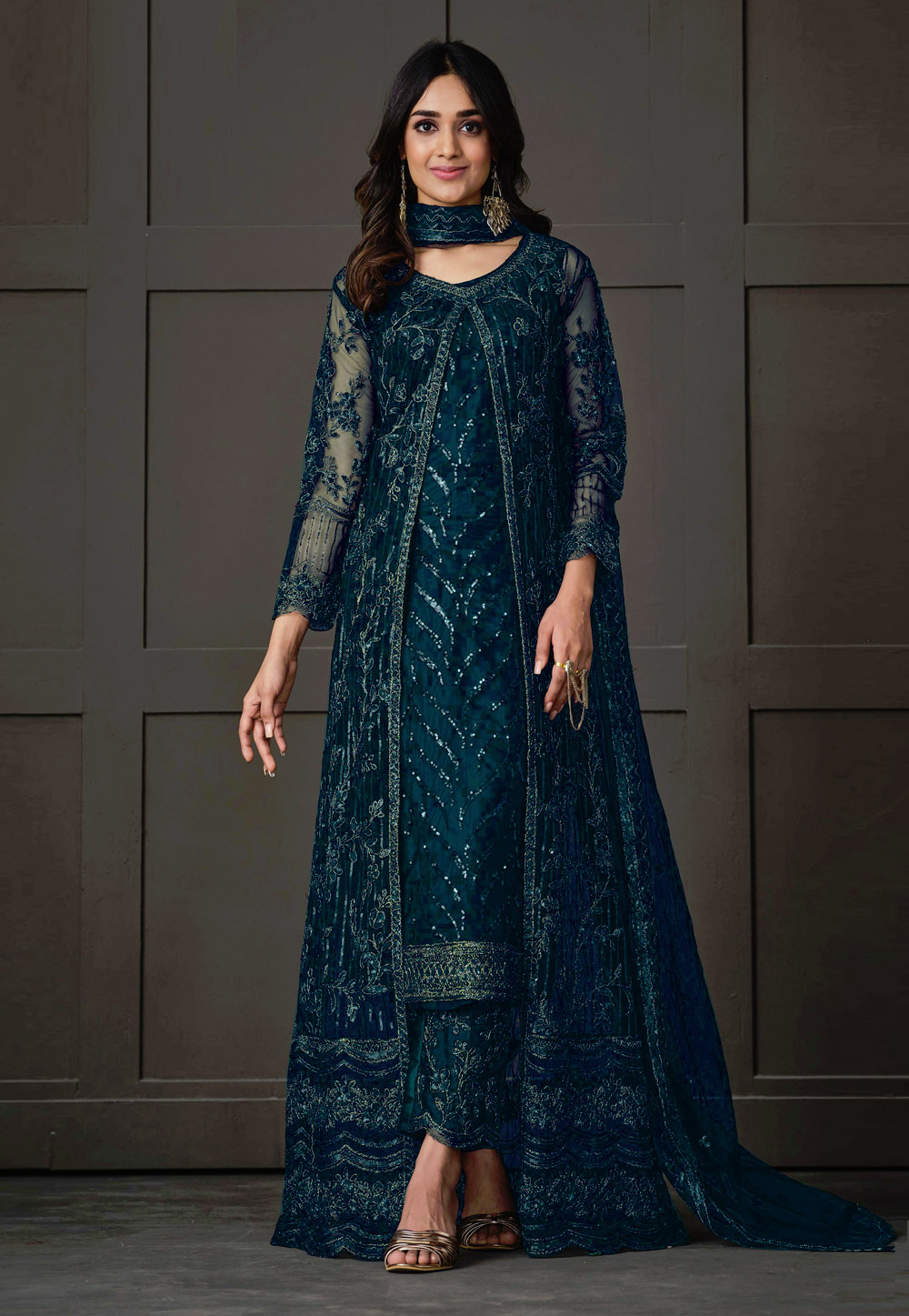 Teal Net Embroidered Pant Style Suit 266842