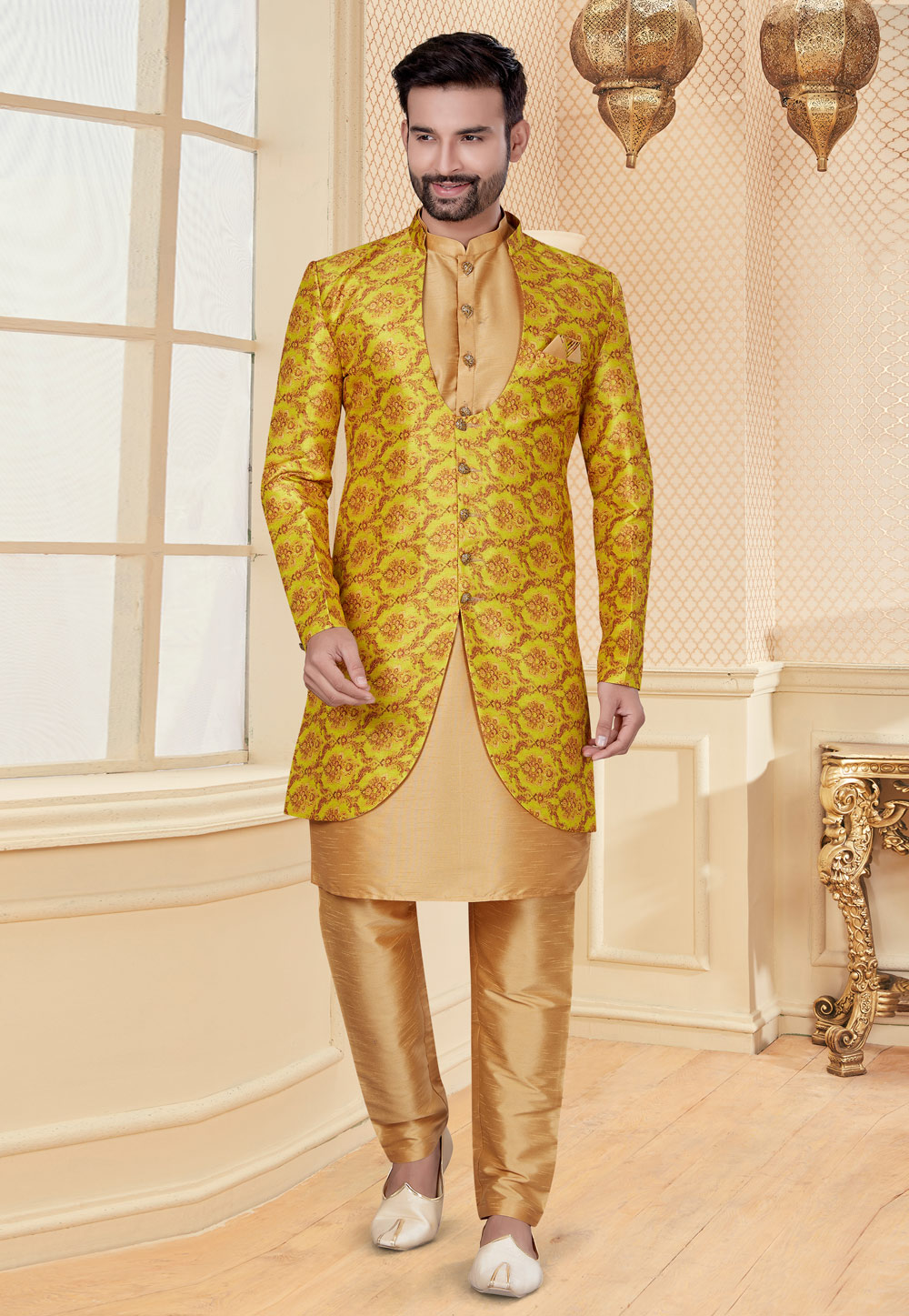 Yellow Silk Indo Western Suit 251203