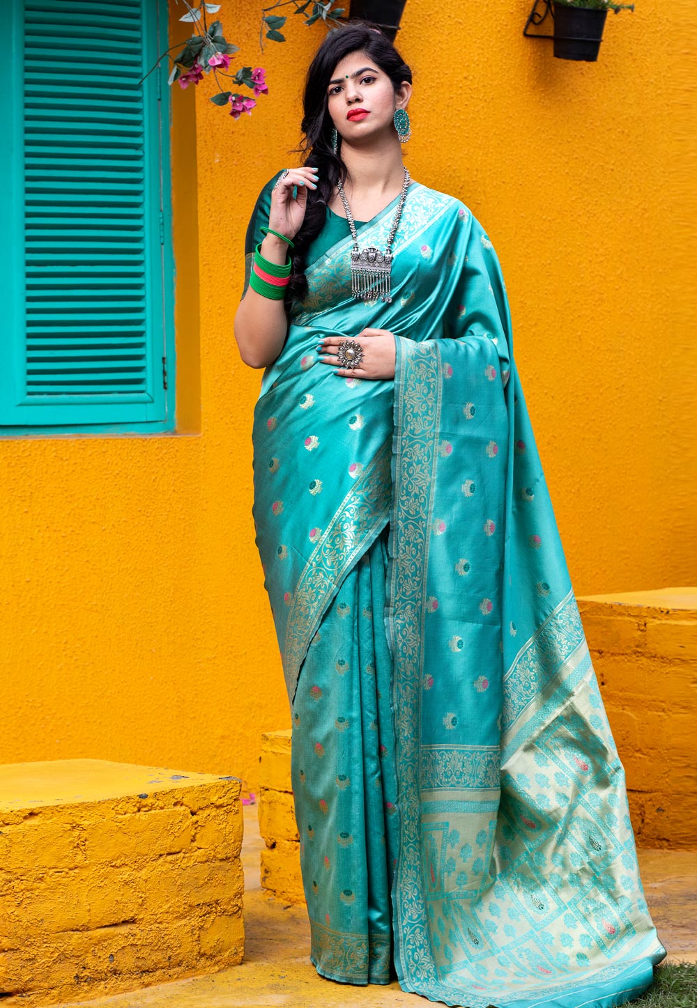 Turquoise Banarasi Silk Festival Wear Saree 216777