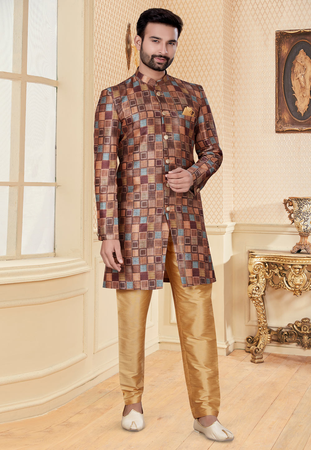 Brown Jacquard Indo Western Suit 251206