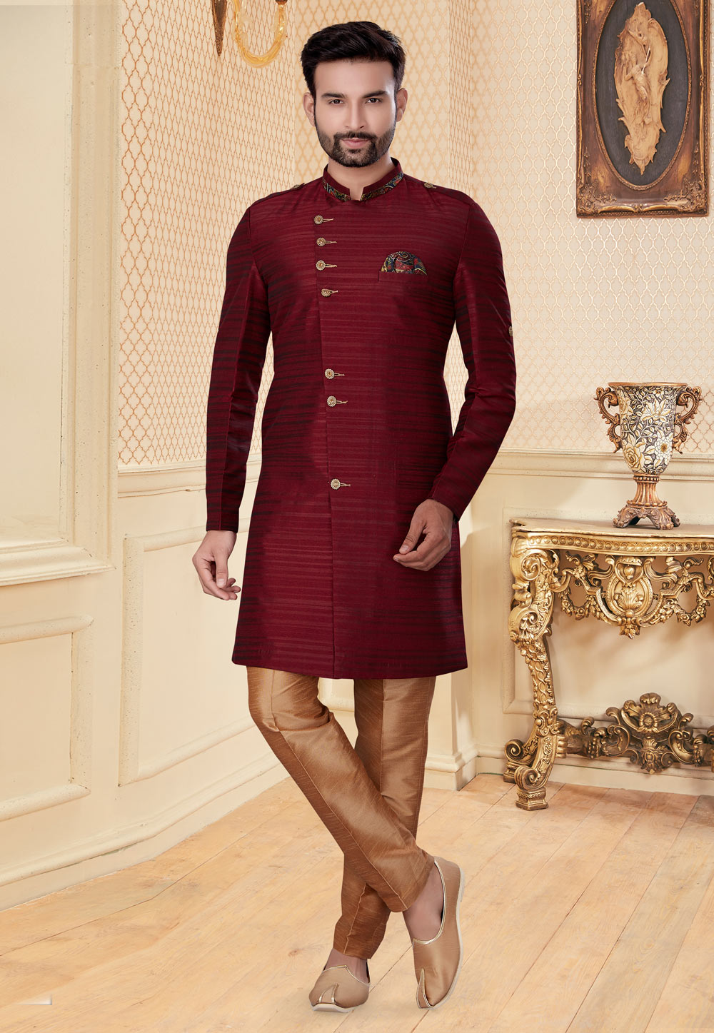 Maroon Silk Indo Western Suit 251207