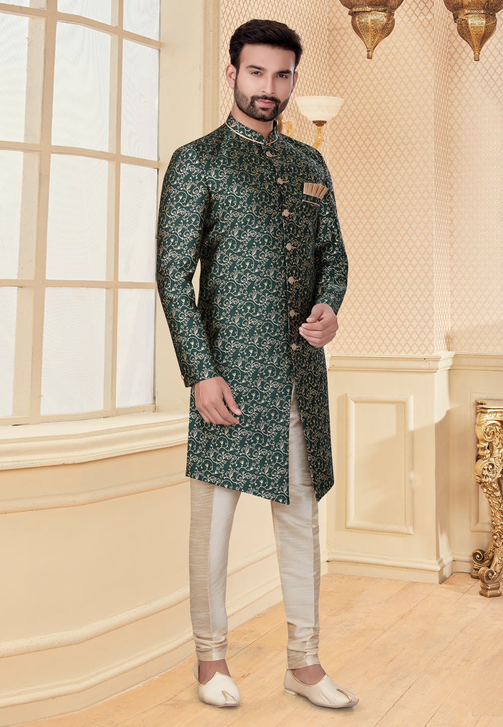 Green Jacquard Indo Western Suit 251210