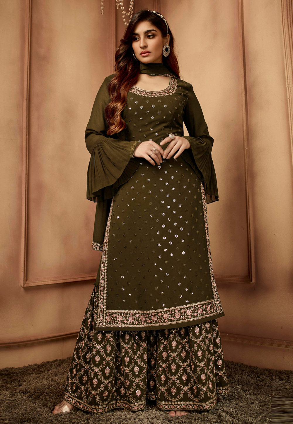 Aashirwad Creation Heroine Georgette With Embroidery Work Sharara Suit  Mehndi Color DN 8695