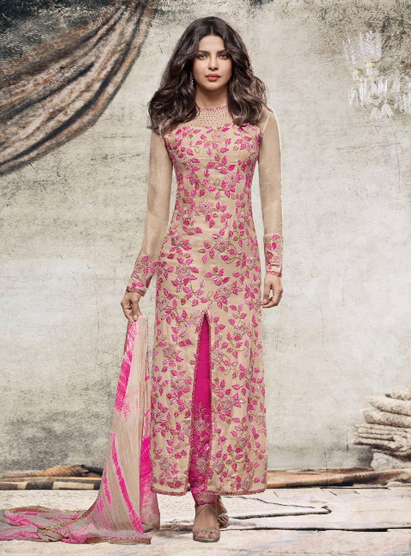 Priyanka Chopra Beige Georgette Pant Style Suit 79080