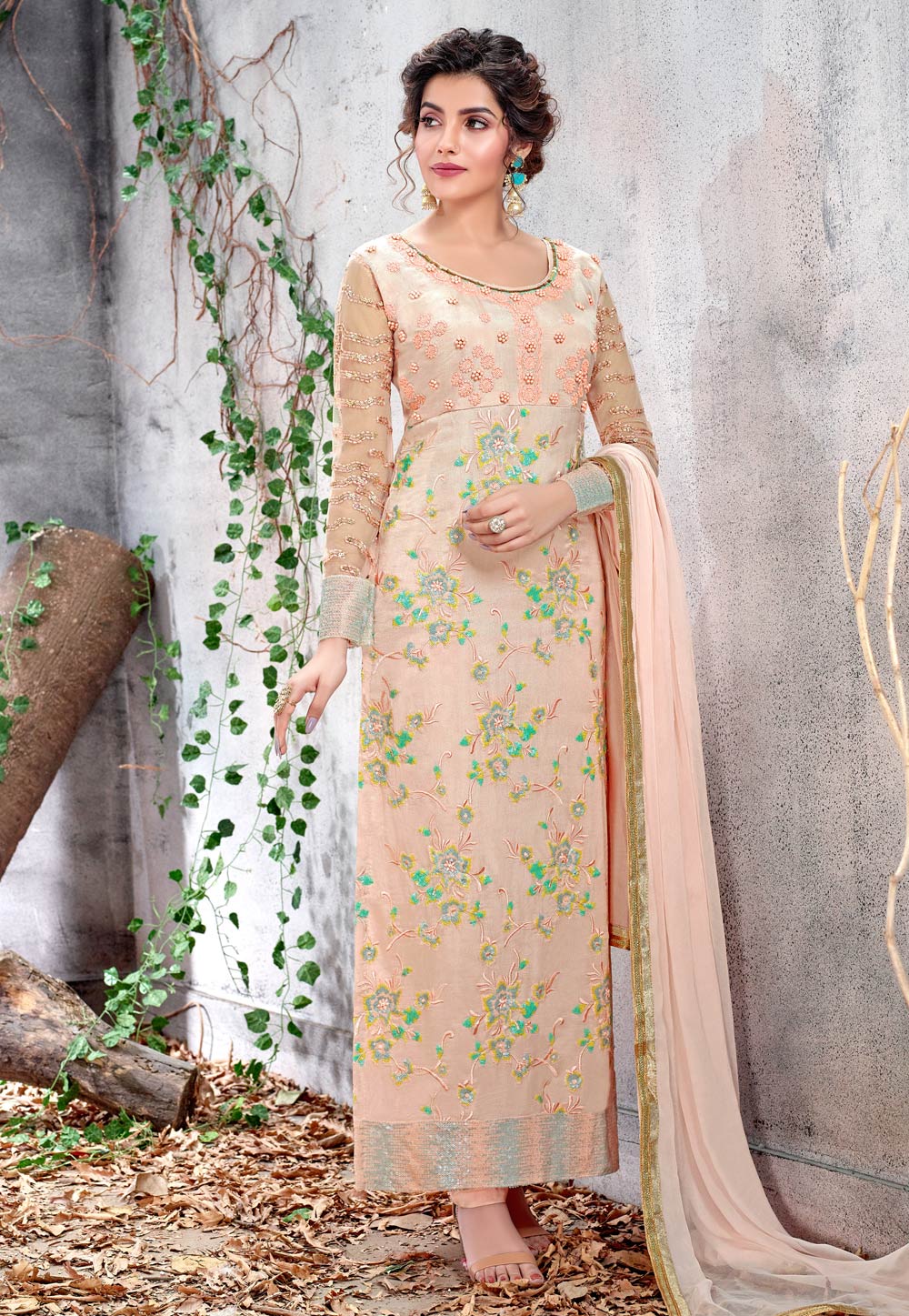 Beige Chiffon Embroidered Pant Style Suit 181778