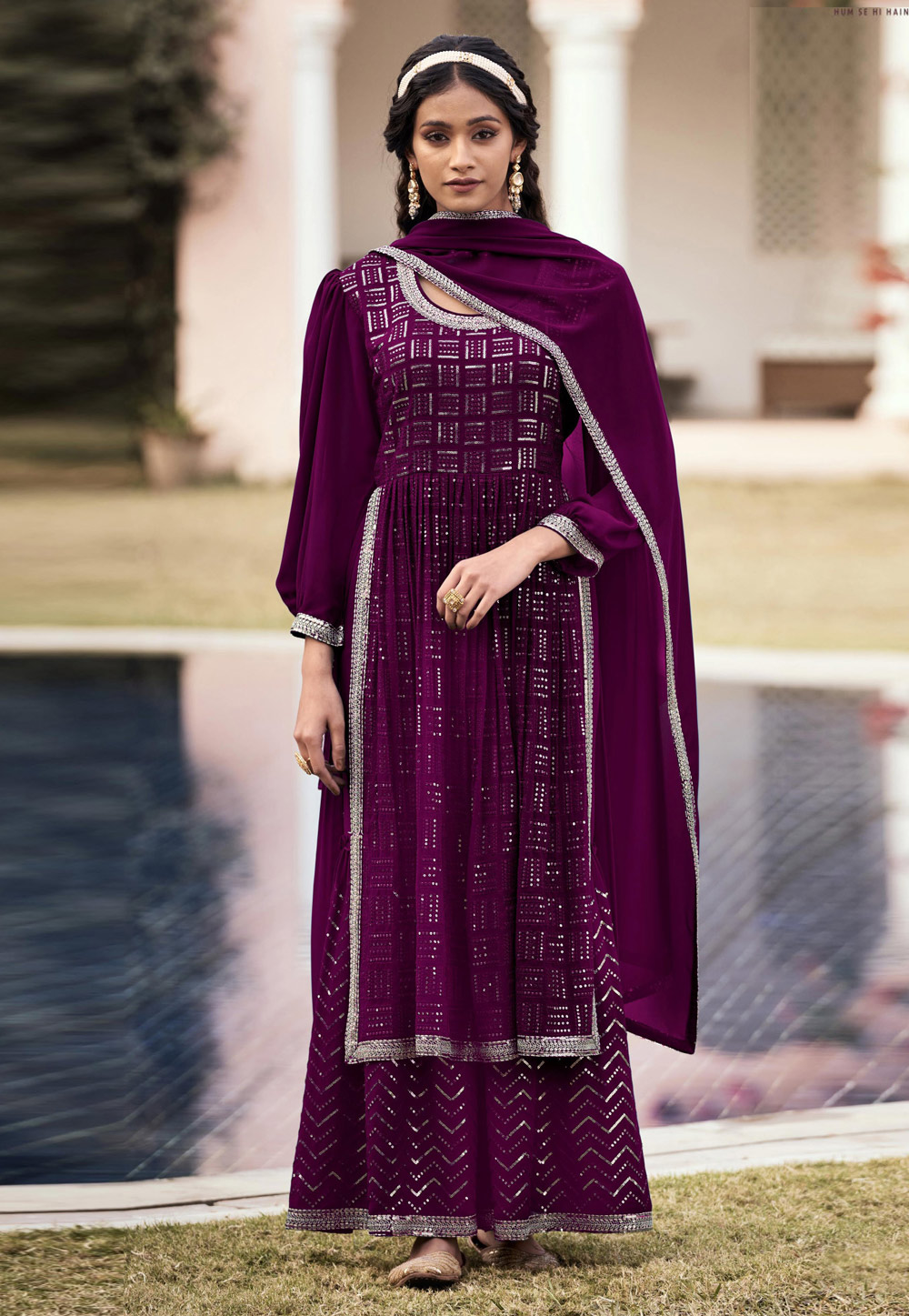 Purple Georgette Readymade Palazzo Suit 259989