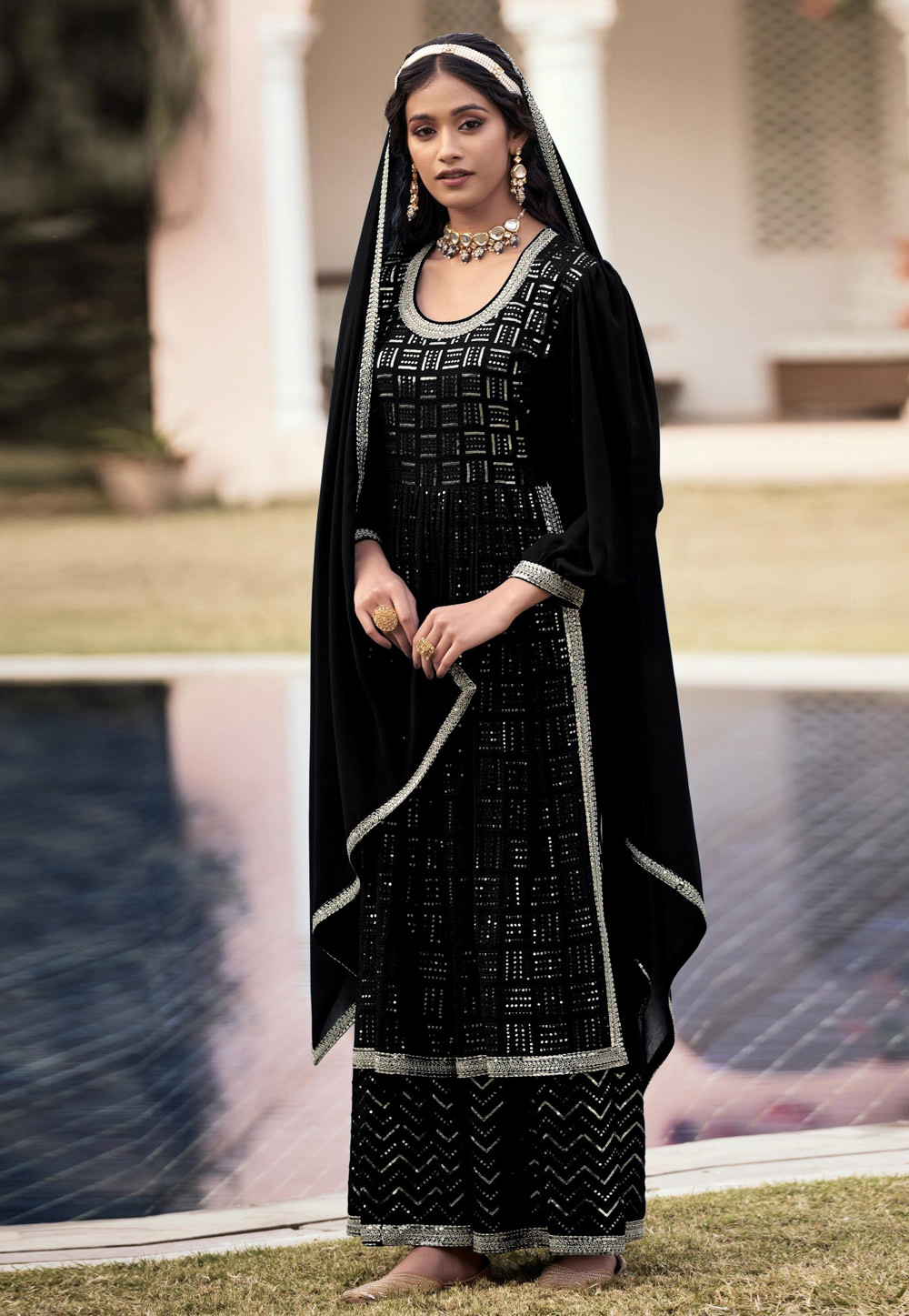 Black Georgette Readymade Palazzo Suit 259991