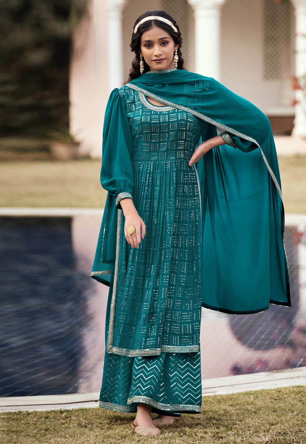 Turquoise Georgette Readymade Palazzo Suit 259993