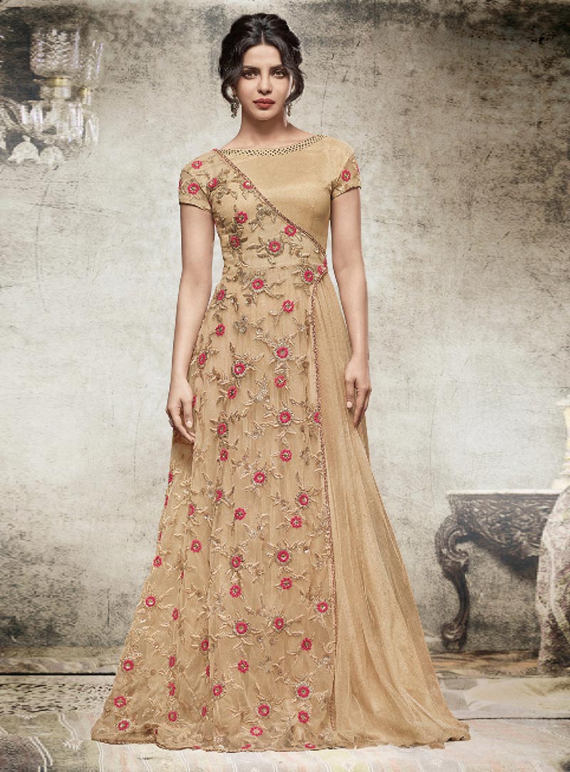Priyanka Chopra Beige Net Floor Length Anarkali Suit 79081