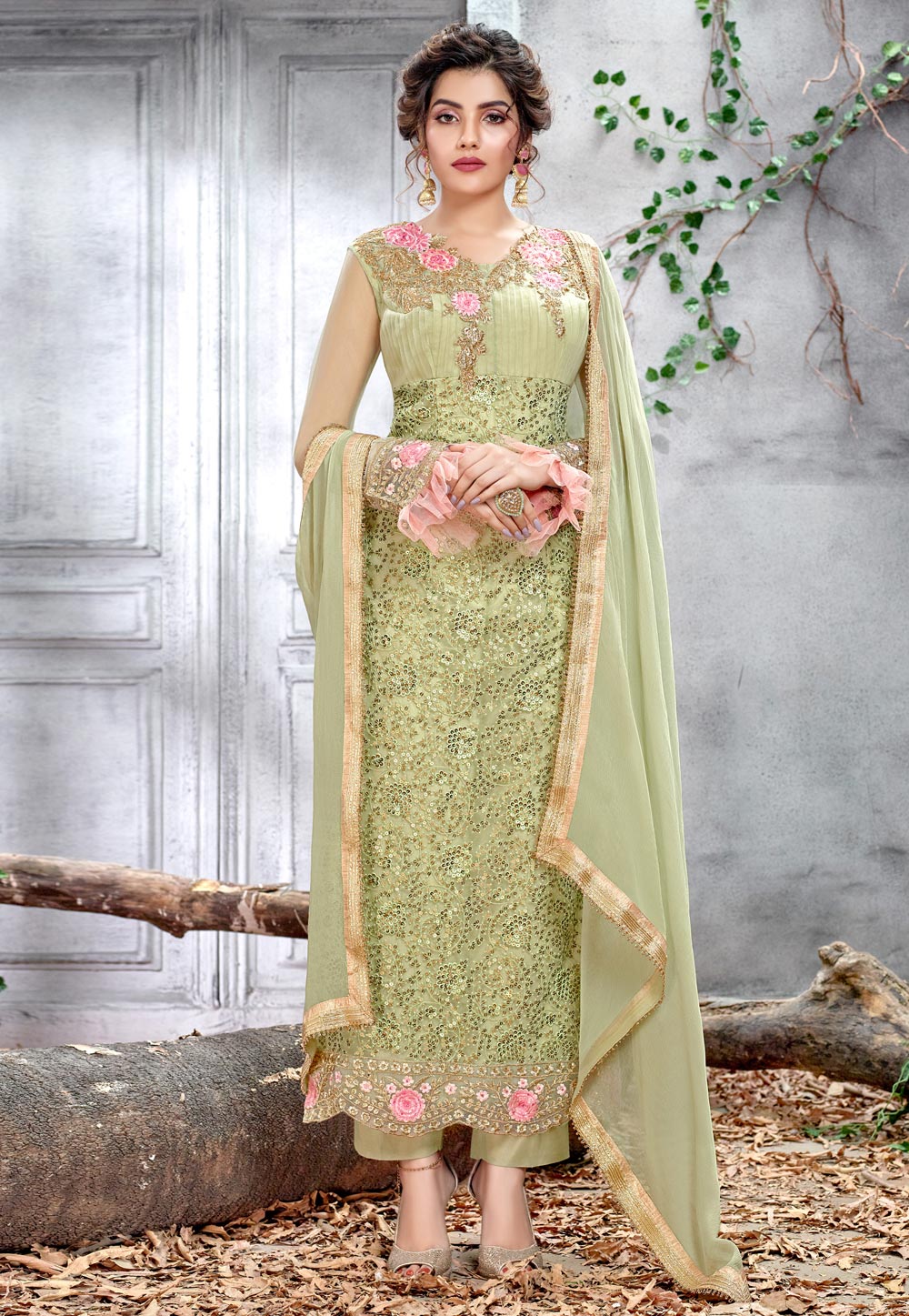 Light Green Net Embroidered Straight Cut Suit 181779