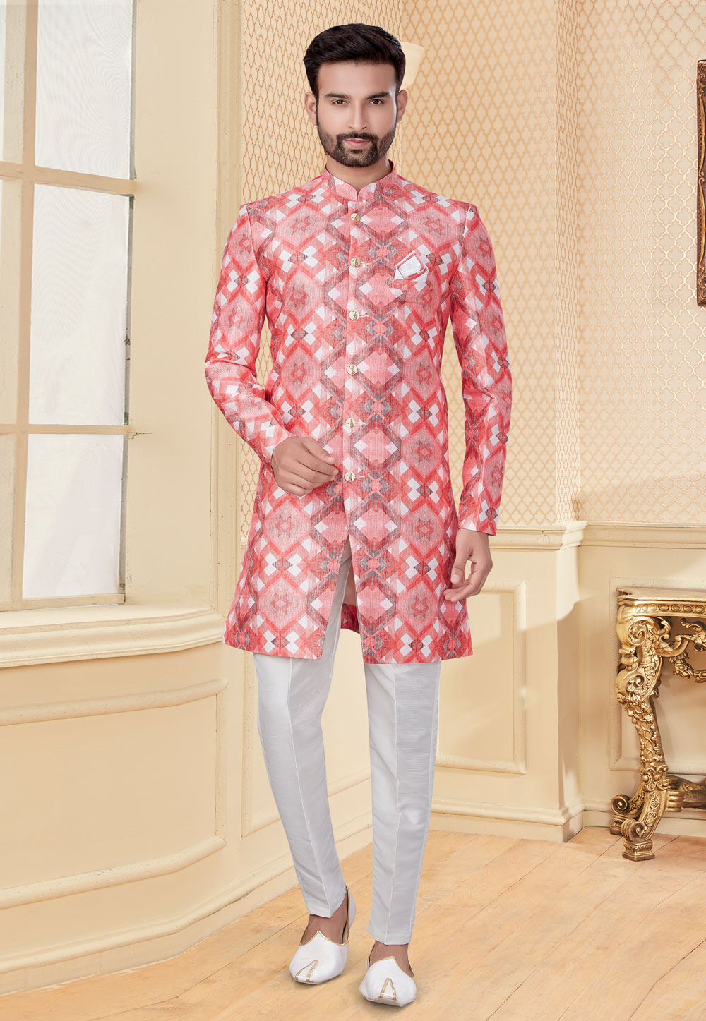 Pink Jacquard Indo Western Suit 251211