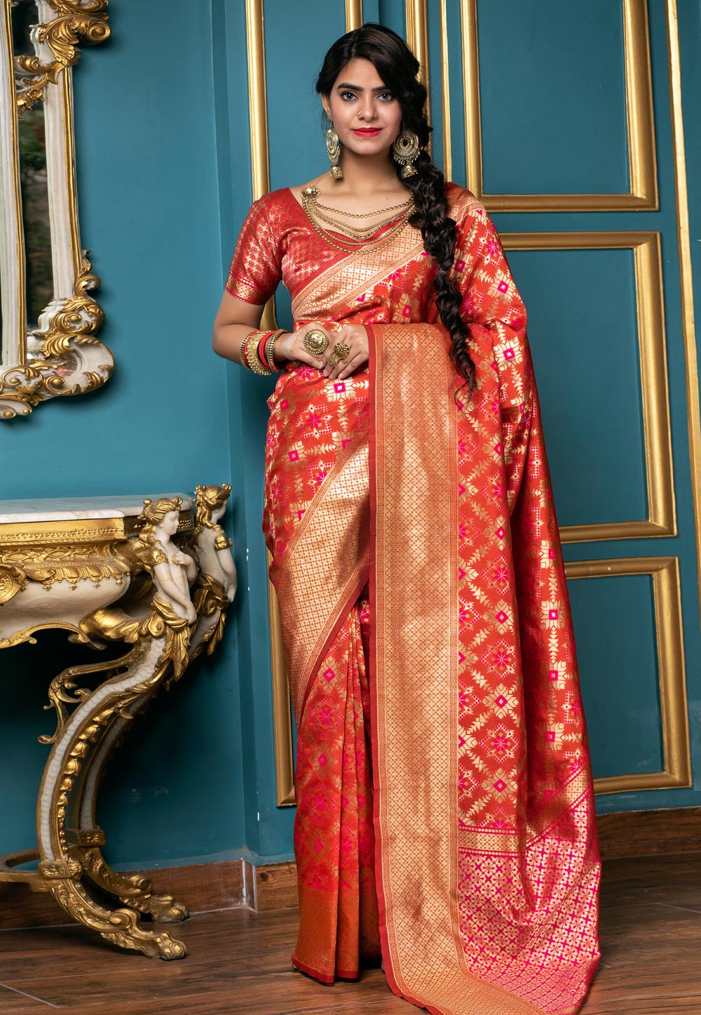 Rust Banarasi Silk Saree With Blouse 216868