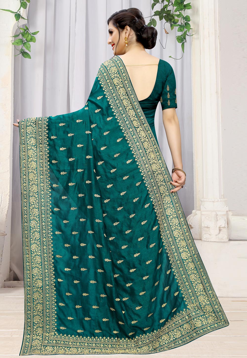 Buy Teal Dola Silk Saree With Woven Zari Pallu And Unstitched Blouse Piece