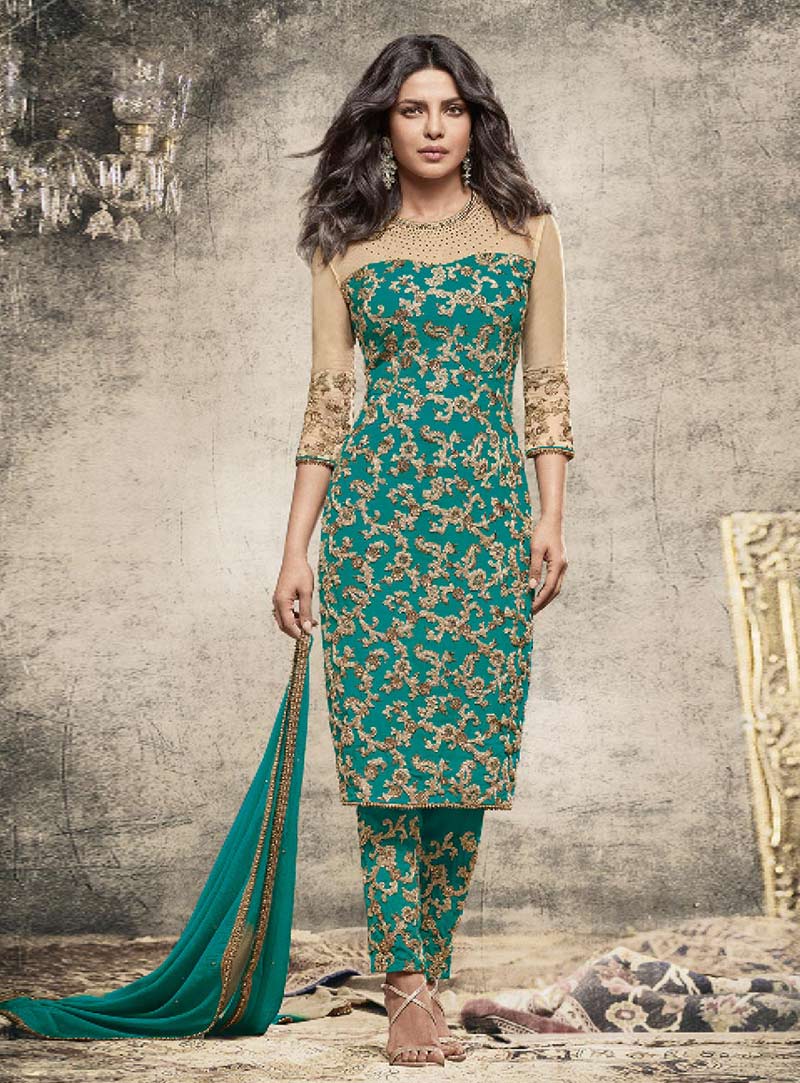 Priyanka Chopra Teal Georgette Pant Style Suit 79082
