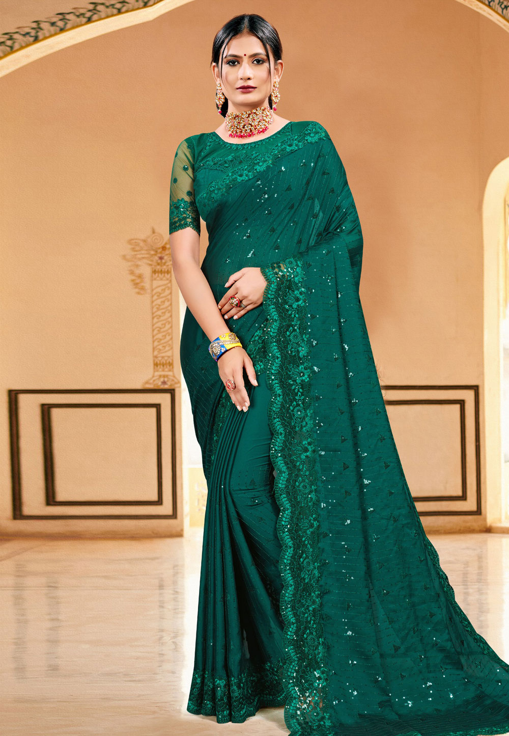Green Satin Georgette Saree With Blouse 228423