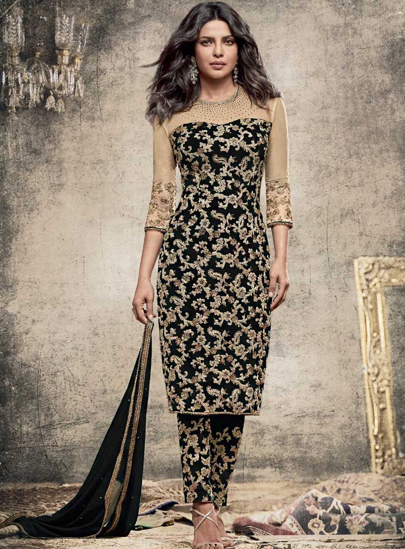 Priyanka Chopra Black Georgette Pant Style Suit 82847