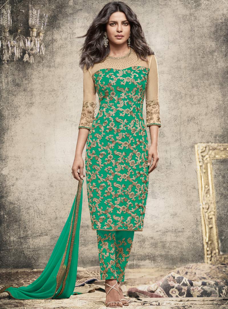 Priyanka Chopra Green Georgette Pant Style Suit 90076