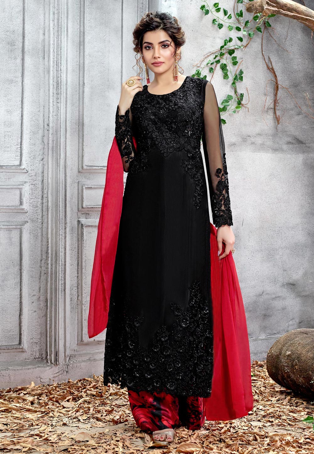 Black Net Embroidered Palazzo Suit 181781