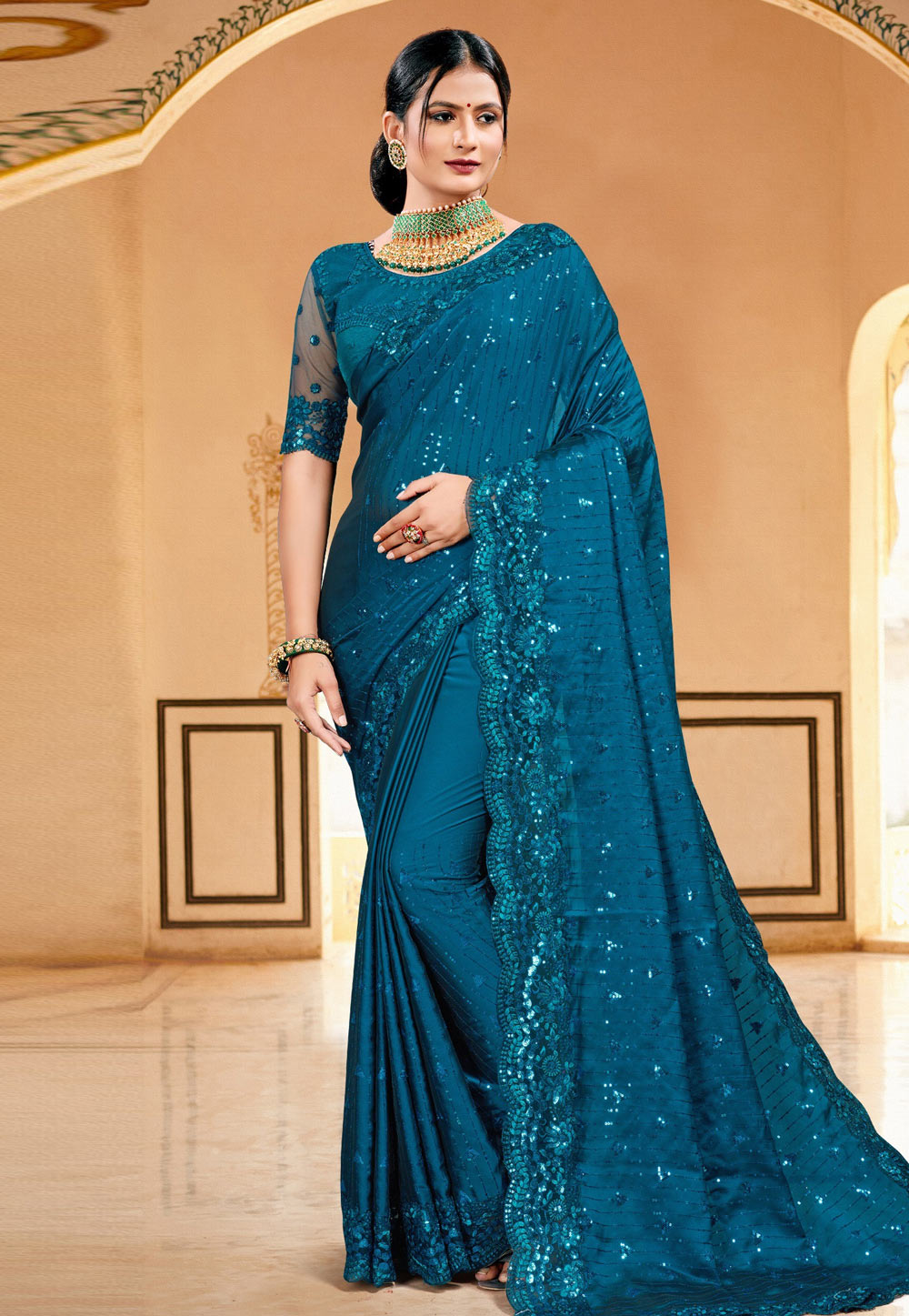 Blue Satin Georgette Saree With Blouse 228425