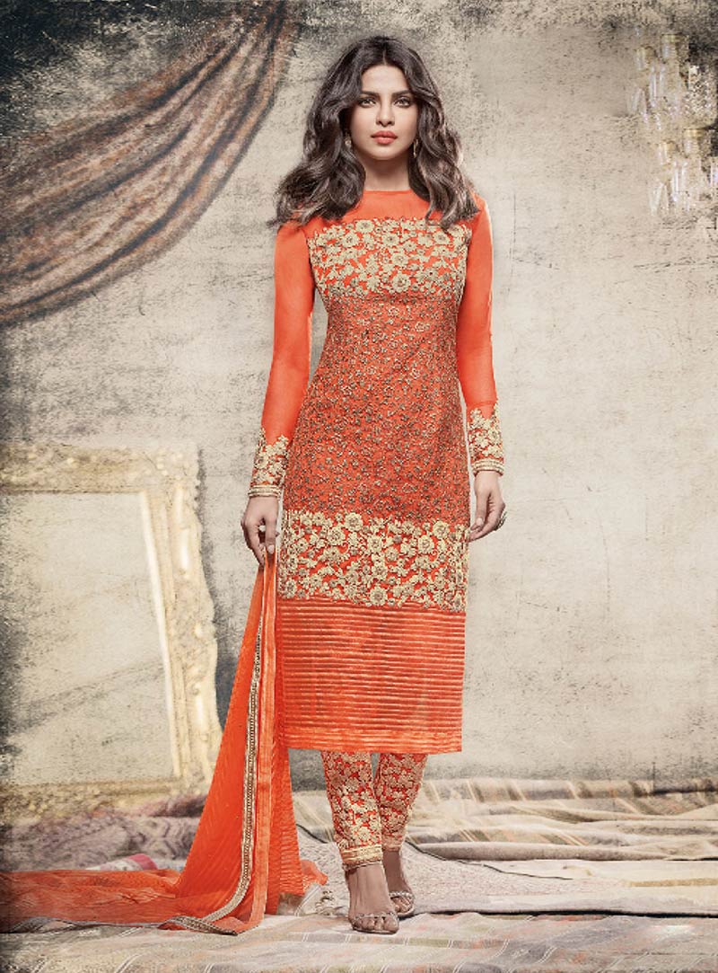Priyanka Chopra Orange Net Pant Style Suit 79085