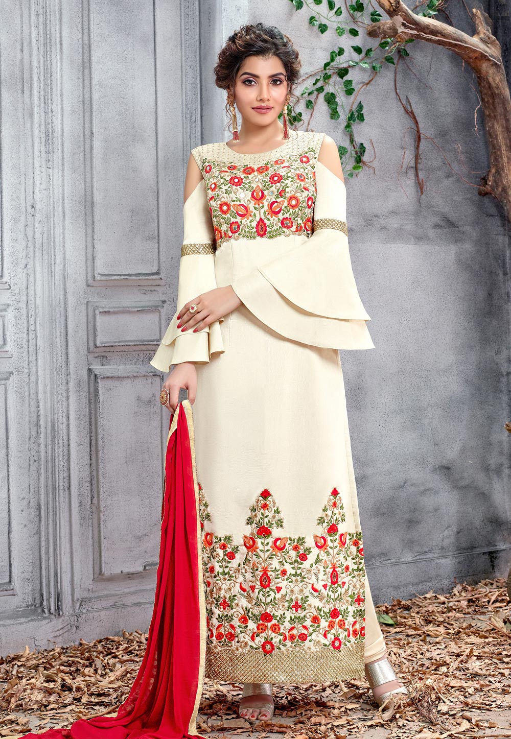 Cream Silk Embroidered Straight Cut Suit With Frill Sleeve 181783