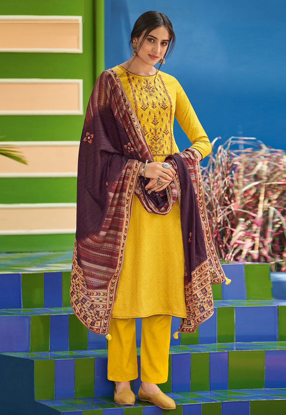 Yellow Cotton Pant Style Suit 203284