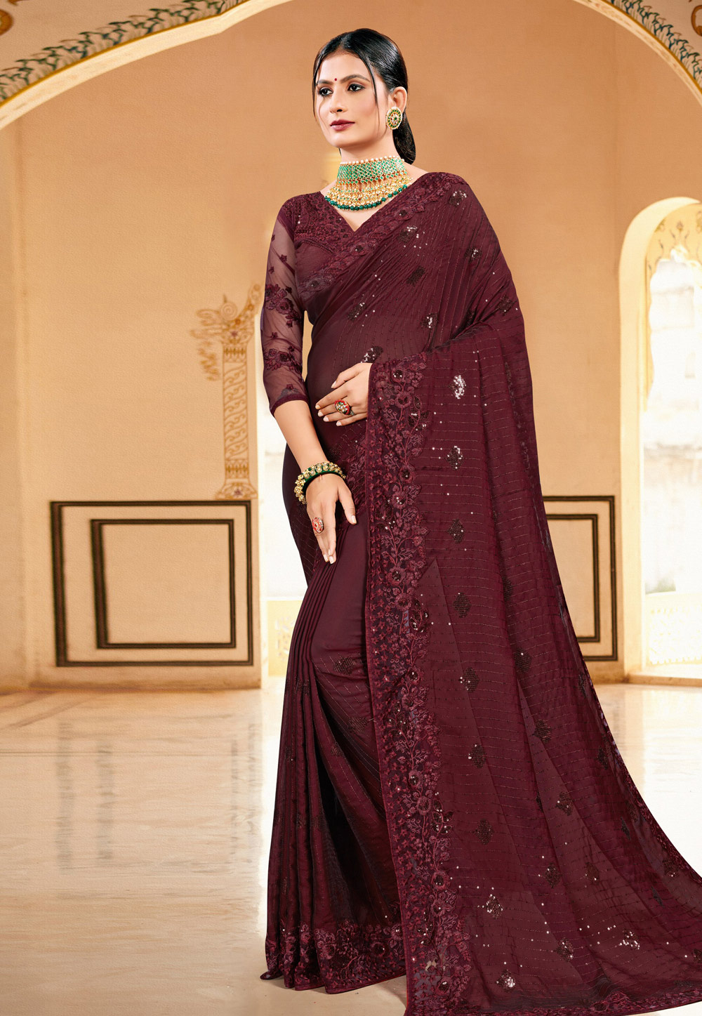 Maroon Satin Georgette Saree With Blouse 228427