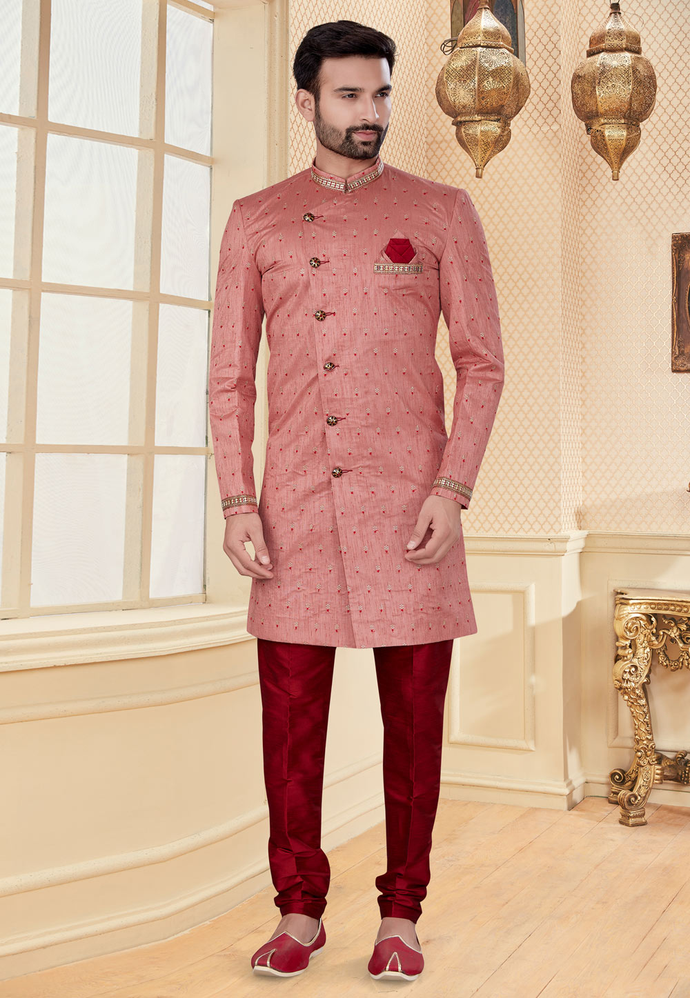 Pink Jacquard Indo Western Suit 251216