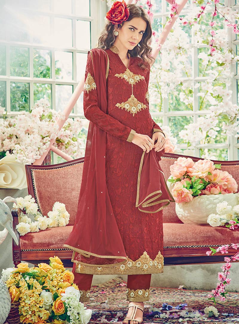 Maroon Georgette Pant Style Pakistani Suit 85430