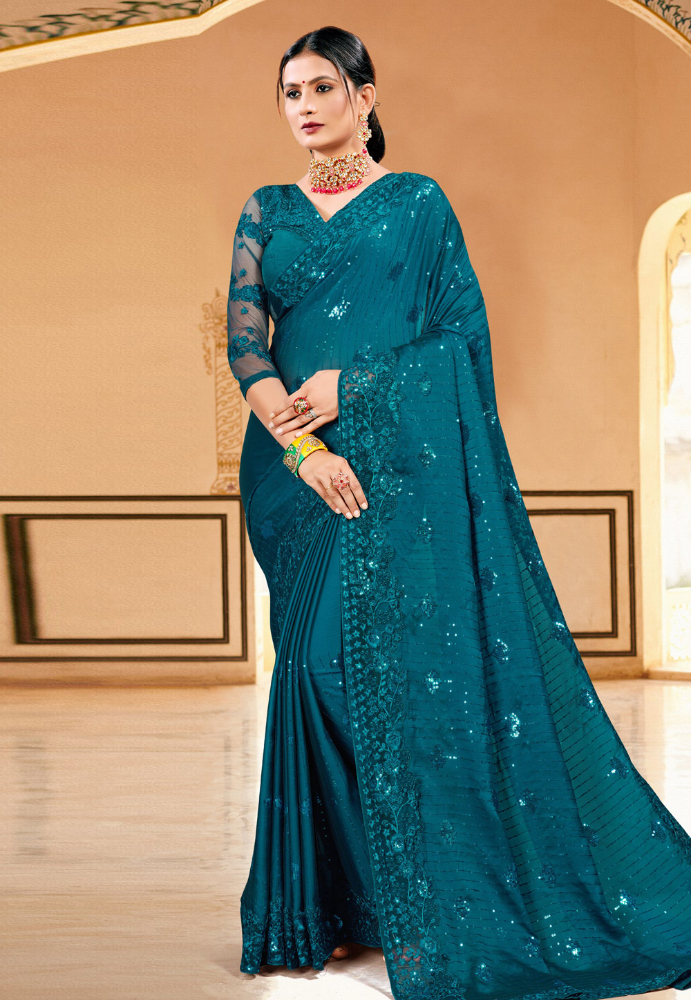 Blue Satin Georgette Saree With Blouse 228429
