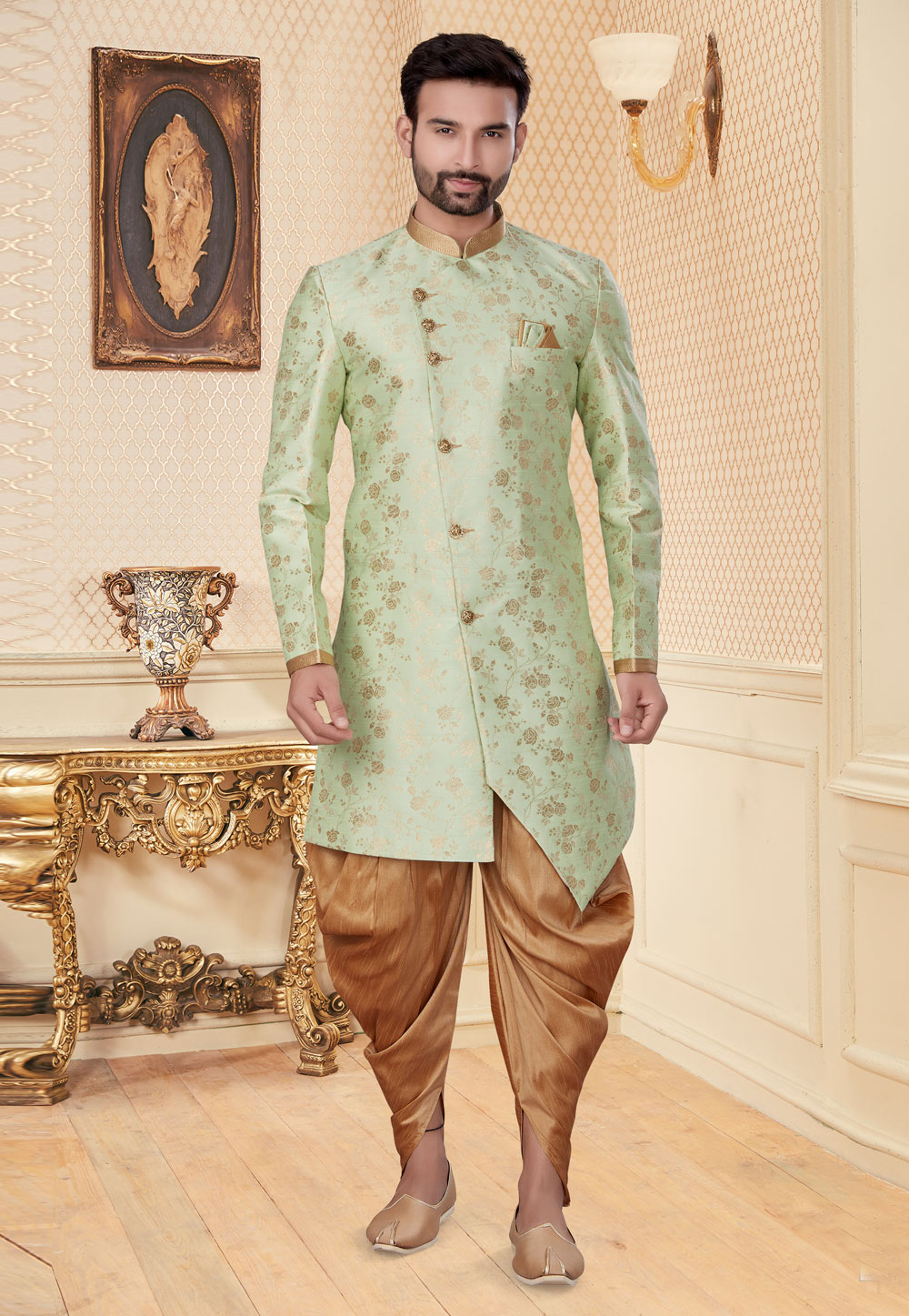 Pista Green Jacquard Indo Western Suit 251219