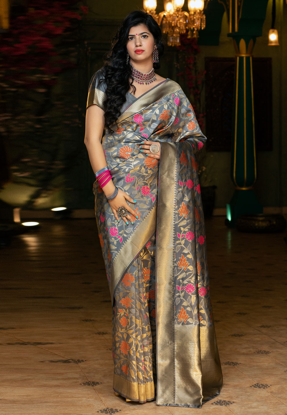 Grey Banarasi Silk Festival Wear Saree 217484