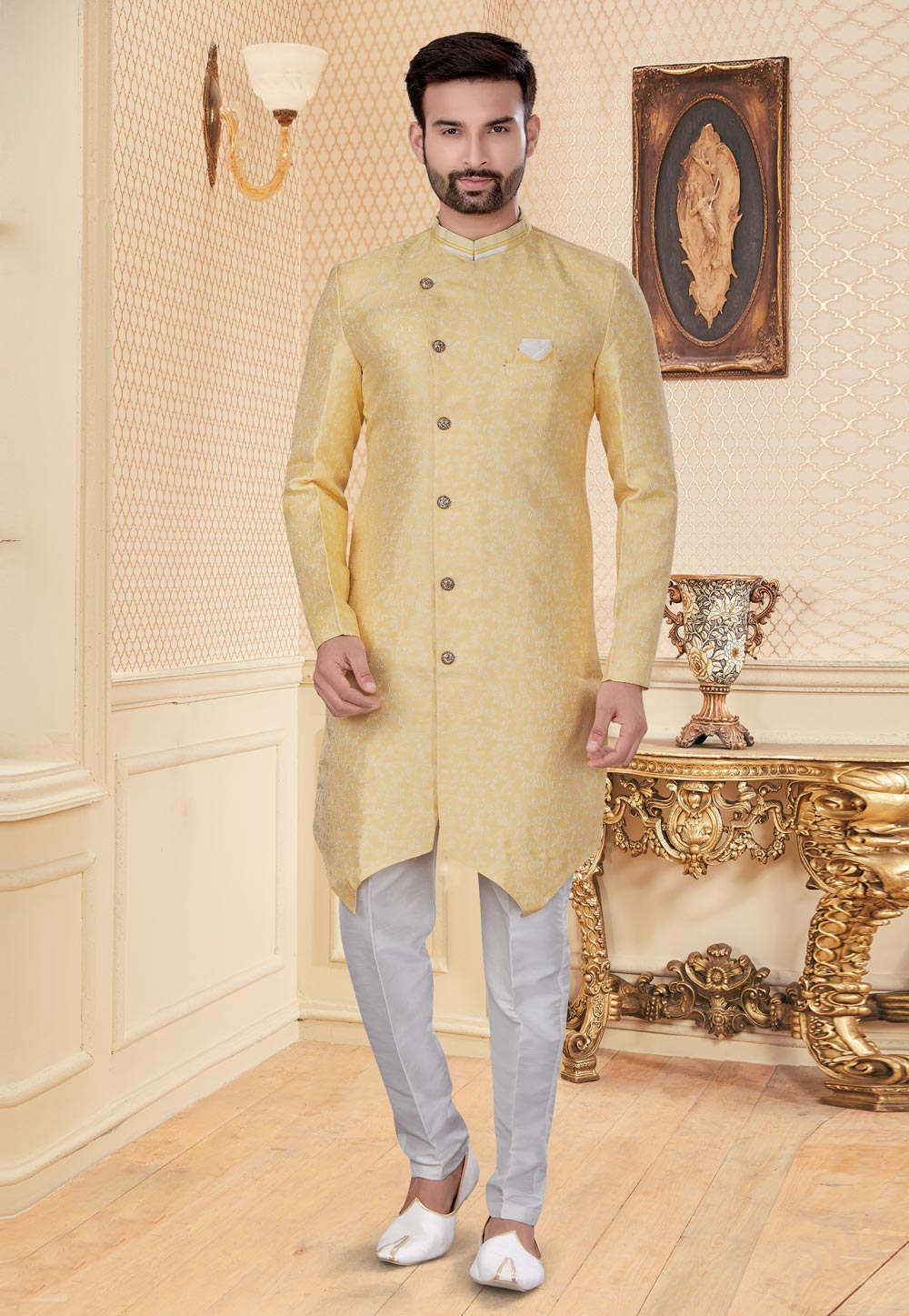 Yellow Jacquard Indo Western Suit 251222