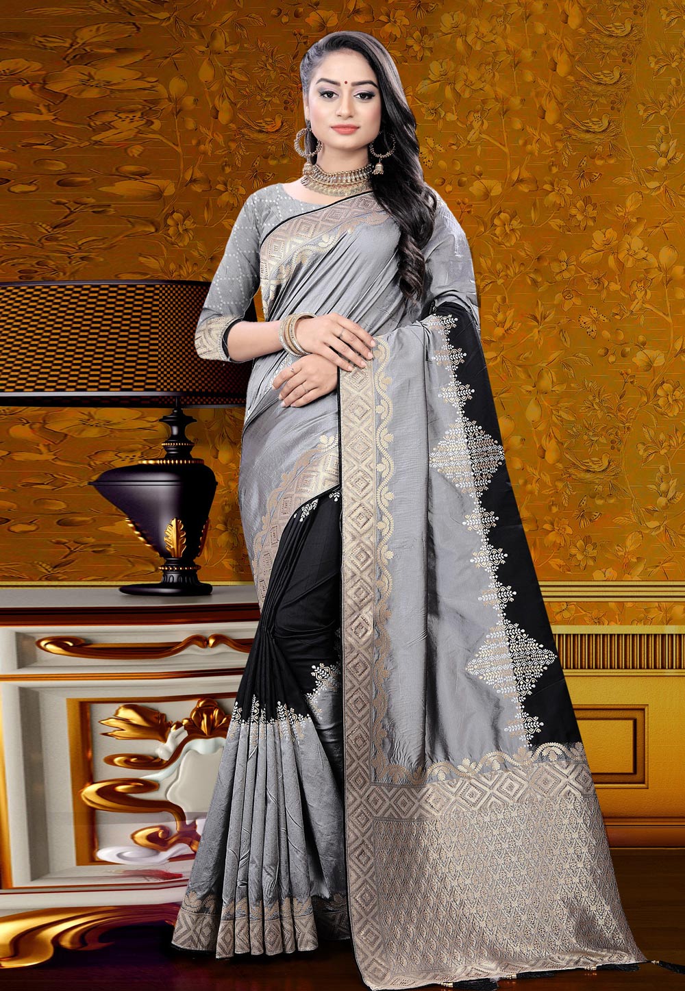 Grey Banarasi Silk Saree With Blouse 231496