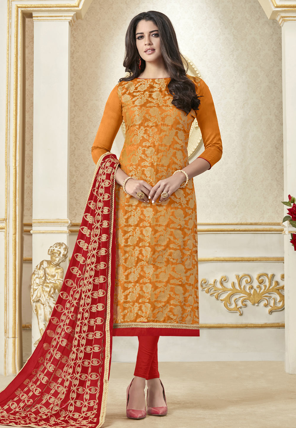 Orange Banarasi Pant Style Suit 155890