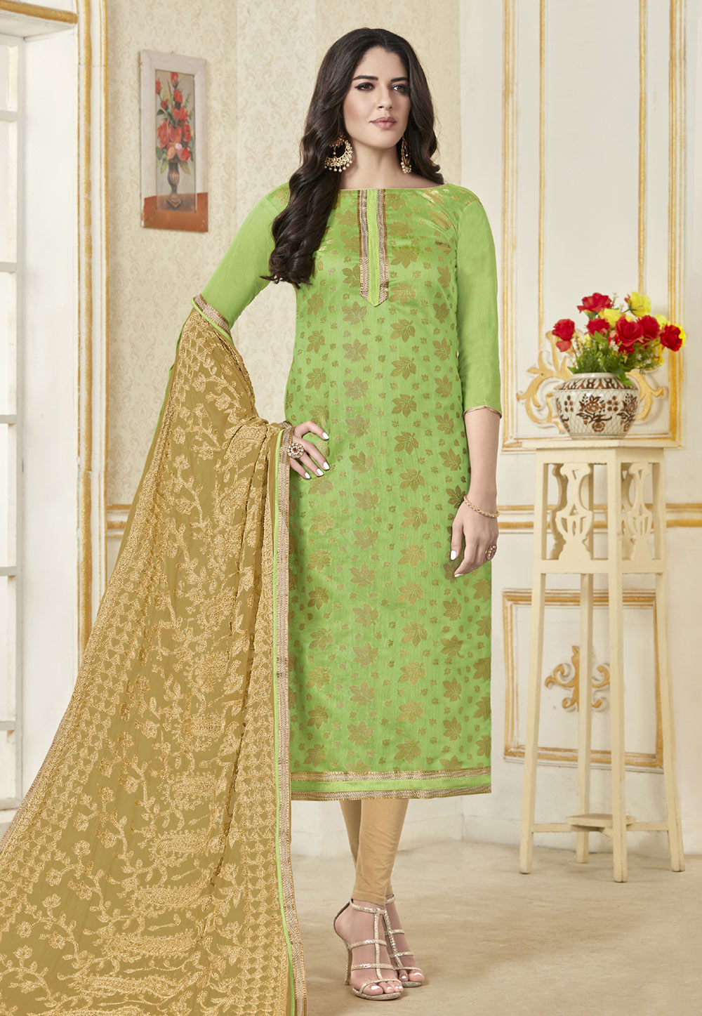 Green Banarasi Pant Style Suit 155894