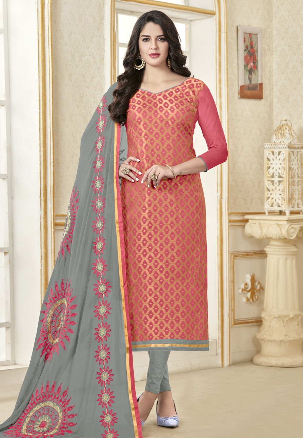 Pink Banarasi Pakistani Style Suit 155895
