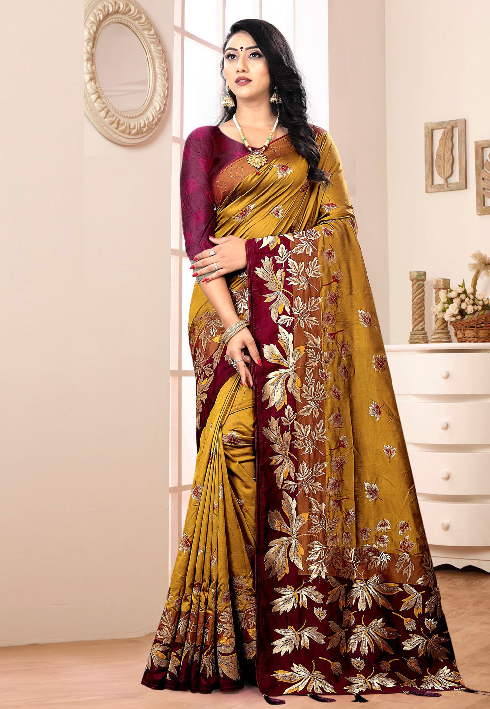 Mustard Banarasi Silk Saree With Blouse 231498