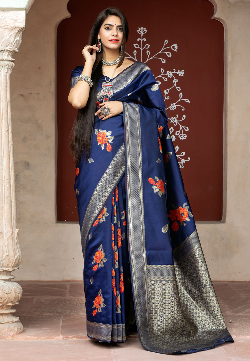 Navy Blue Banarasi Silk Festival Wear Saree 217487