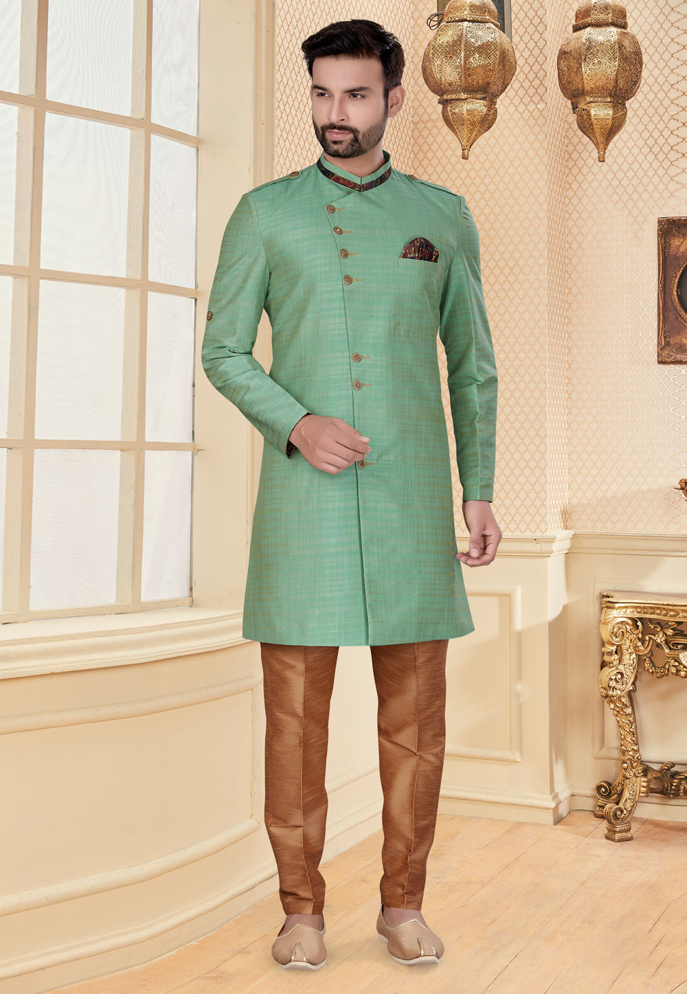 Sea Green Silk Indo Western Suit 251225