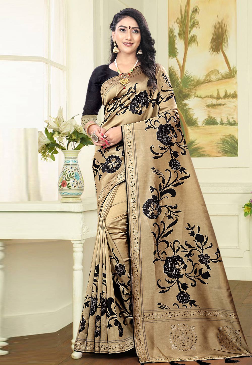 Beige Banarasi Silk Saree With Blouse 231500