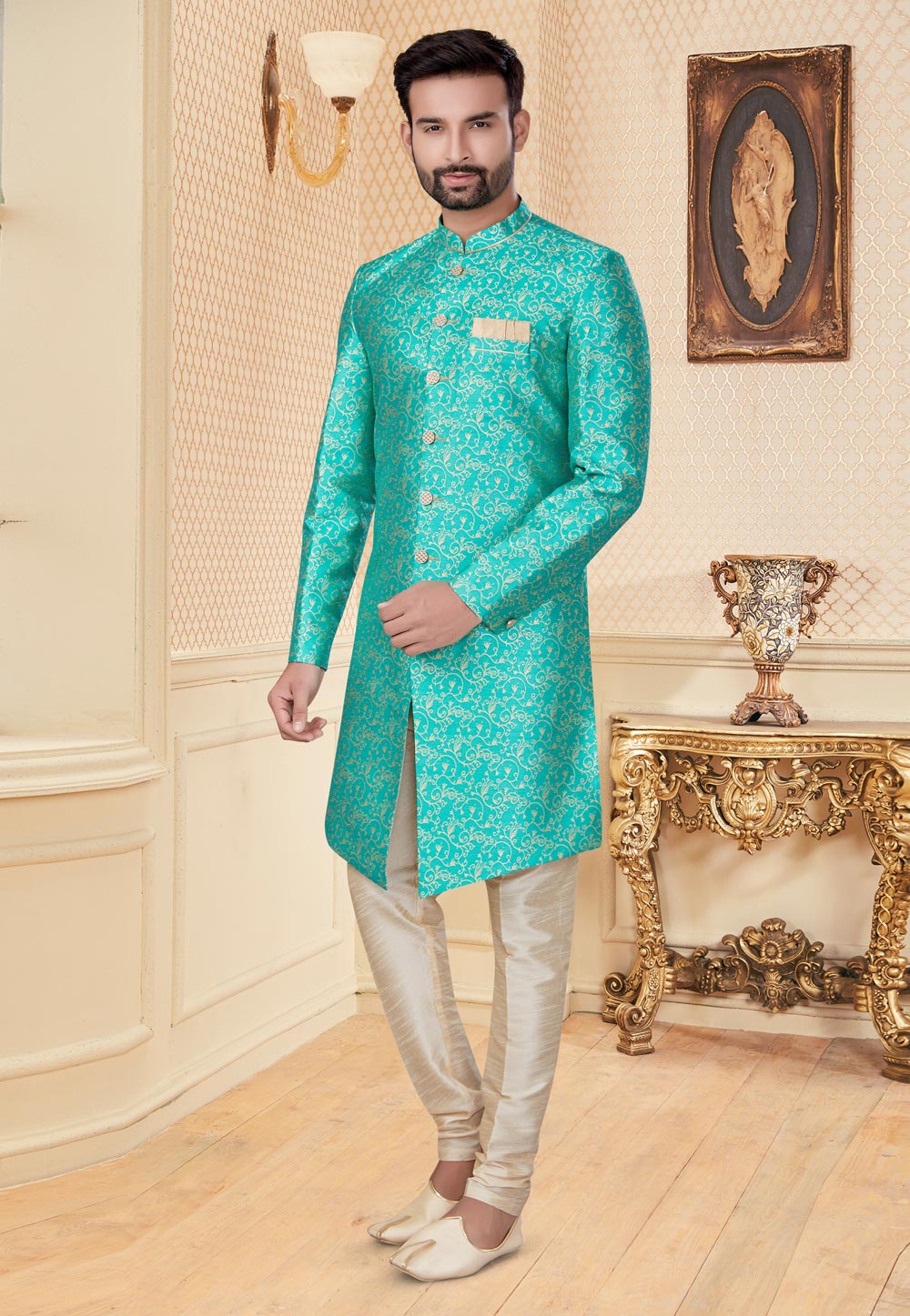 Turquoise Jacquard Indo Western Suit 251227