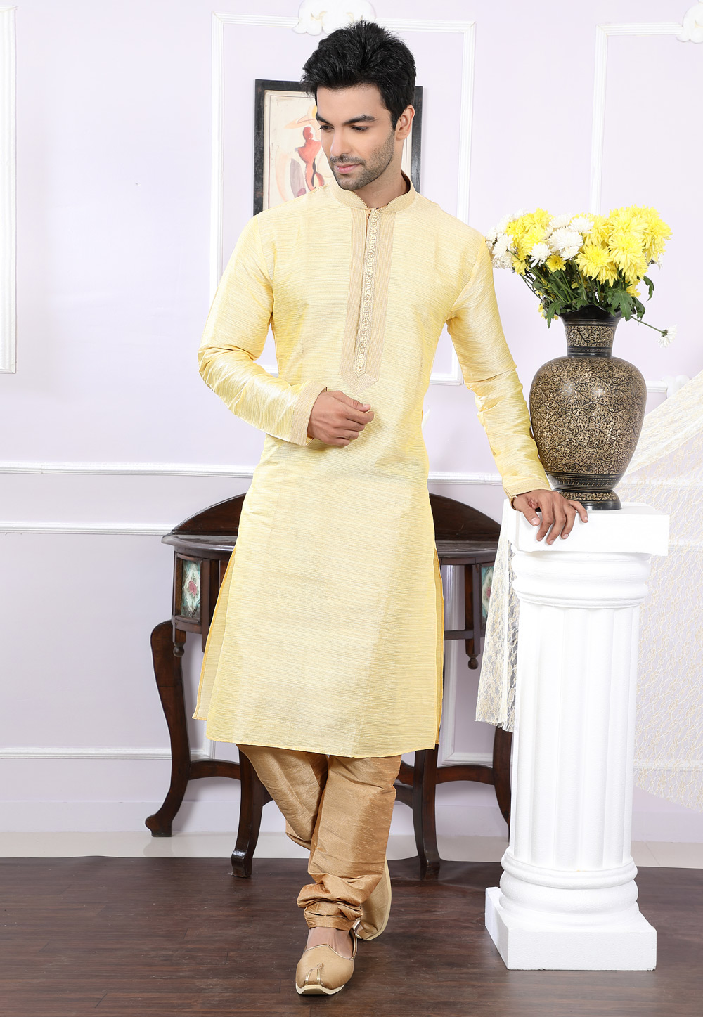 Light Yellow Silk Readymade Kurta Pajama 166449