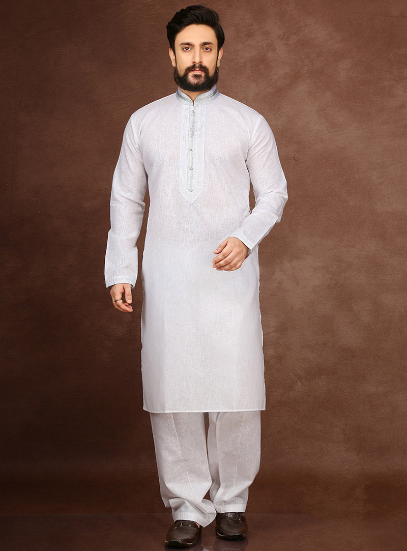 White Cotton Readymade Kurta Pajama 90700
